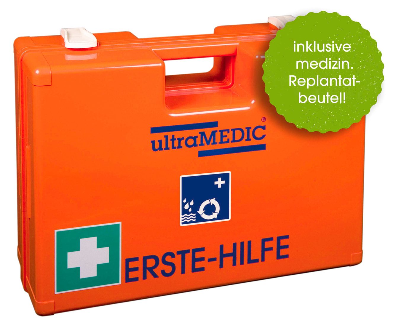 ultraMEDIC Erste-Hilfe-Koffer, Verbandkasten, Baustelle, mit Füllsortiment, nach DIN 13157, Augenspülung, 300 x 430 x 145 mm (HxBxT), ABS, orange