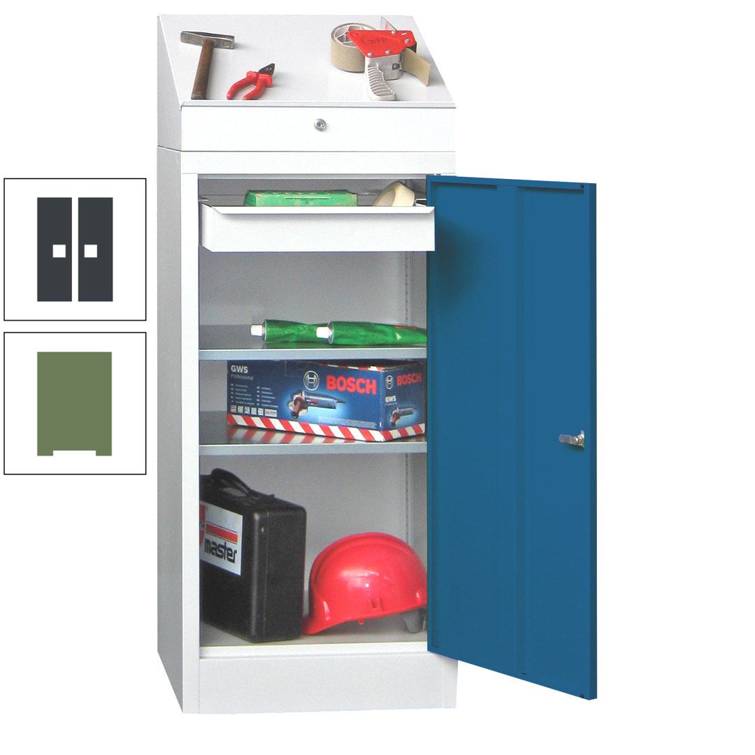 Stehpult mit Schrank - Vollblechtür - 1 Einlegeboden, 1 Ausziehboden, 1 Schublade - 1.270x500x500 mm (HxBxT) - anthrazitgrau