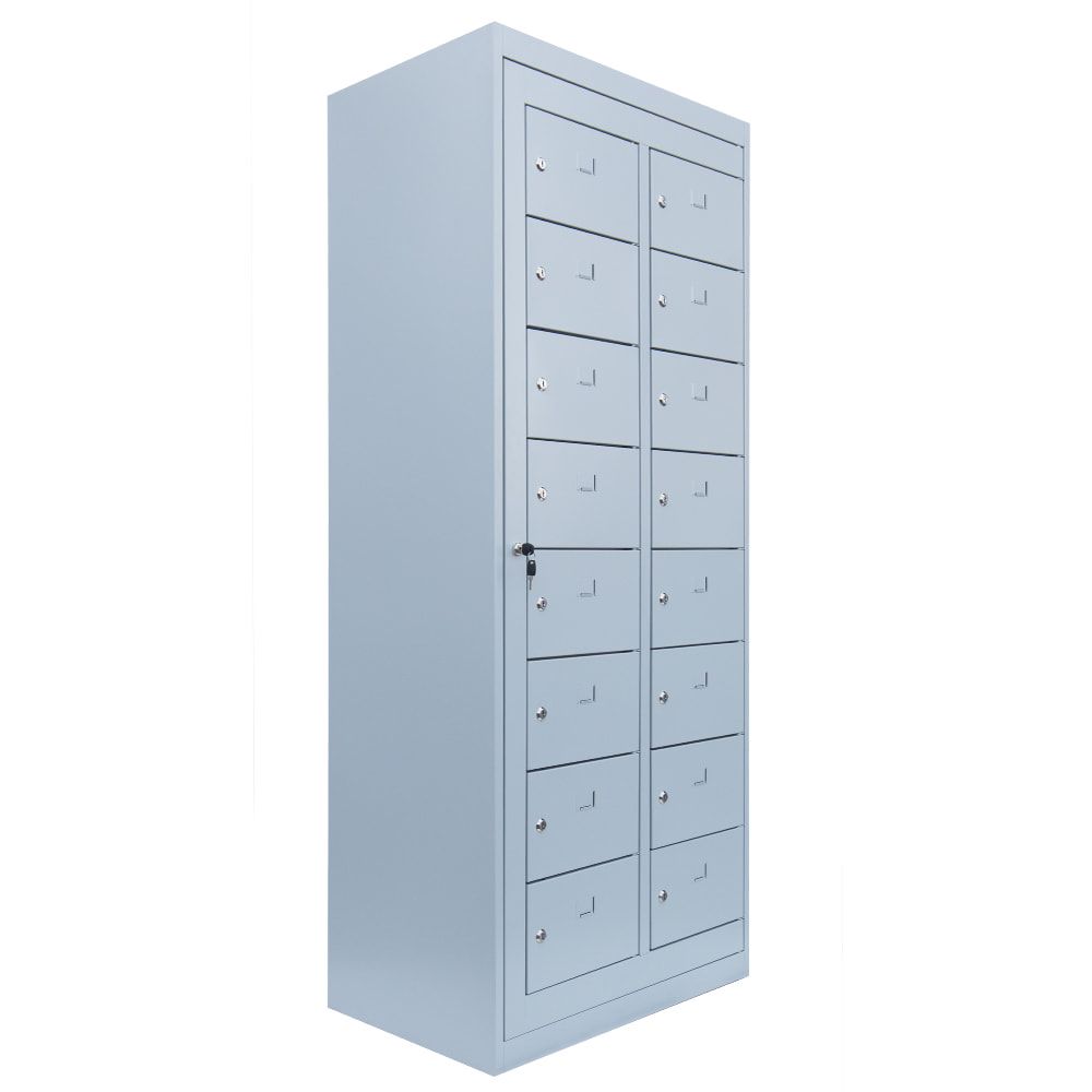 Verteilerschrank, Ausgabeschrank, Fächerschrank, Zentraltür, 2 Abteile, 16 Fächer, 1.800 x 740 x 500 mm (HxBxT), Korpus lichtgrau, Front enzianblau