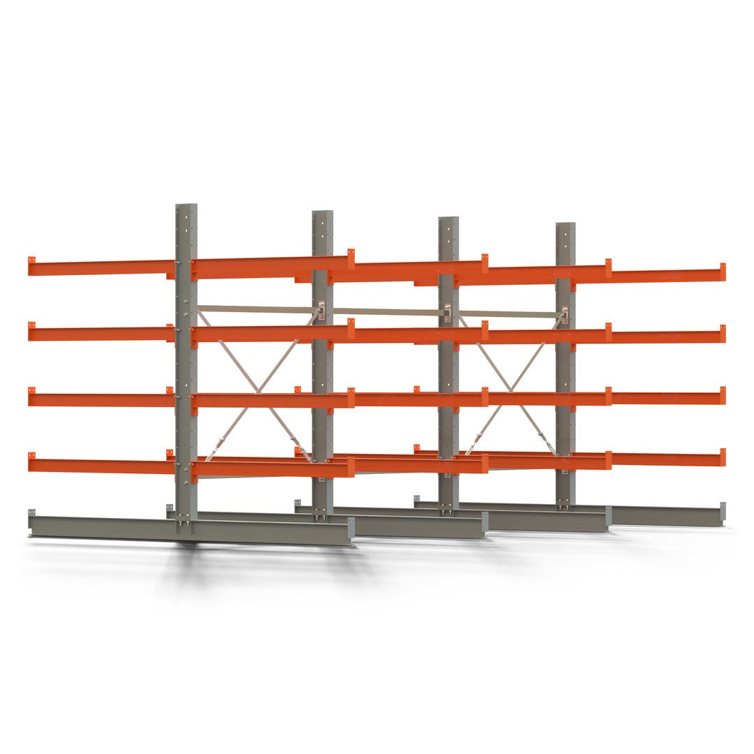 Doppelseitiges Kragarmregal, 2 Felder, 2.000 x 2.560 x 1.120 mm (HxBxT), Nutztiefe 500 mm, Kragarmlast 870 kg, KARL basic, silbergrau/reinorange