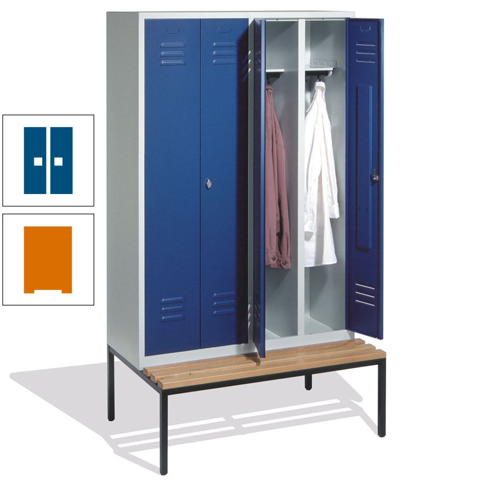 Doppel-Spindschrank, Buche Sitzbank untergebaut, 4 Abteile a 300 mm, Korpus lichtgrau, Tür anthrazitgrau, 2.090 x 1.190 x 815 mm (HxBxT)