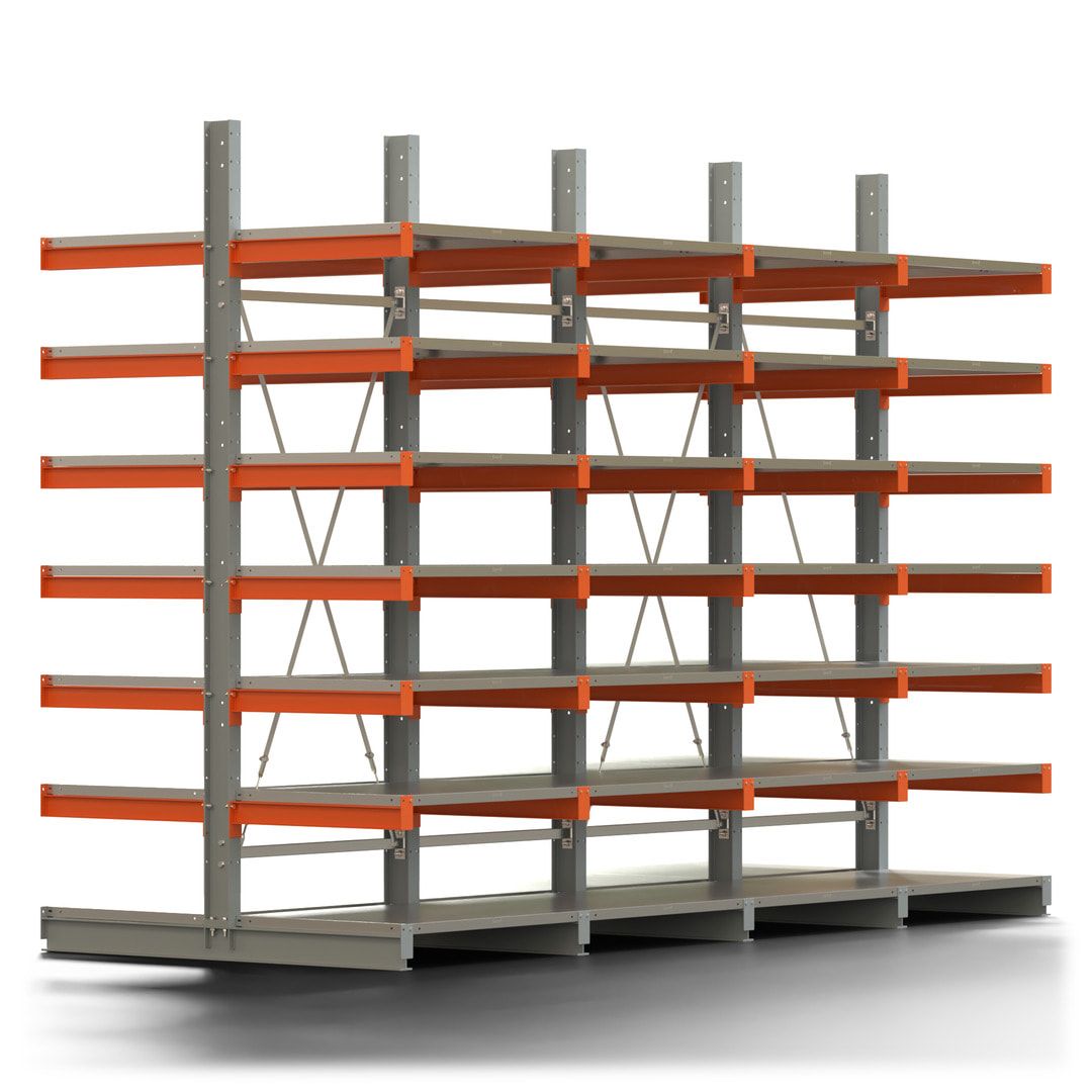 Doppelseitiges Kragarmregal mit Fachböden, 2 Felder, 3.000 x 2.000 (HxB), Nutztiefe 1.000 mm, Kragarmlast 450 kg, KARL basic, silbergrau/reinorange