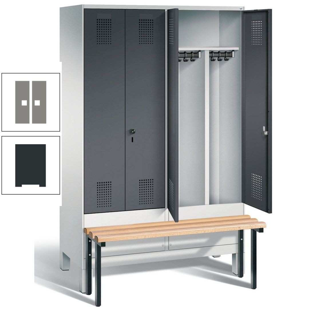 Doppel-Spind, Garderobenschrank, Buche Sitzbank vorgebaut, 4 Abteile a 300 mm, Korpus feuerrot, Tür Wasserblau, 1.850 x 1.200 x 815 mm (HxBxT)