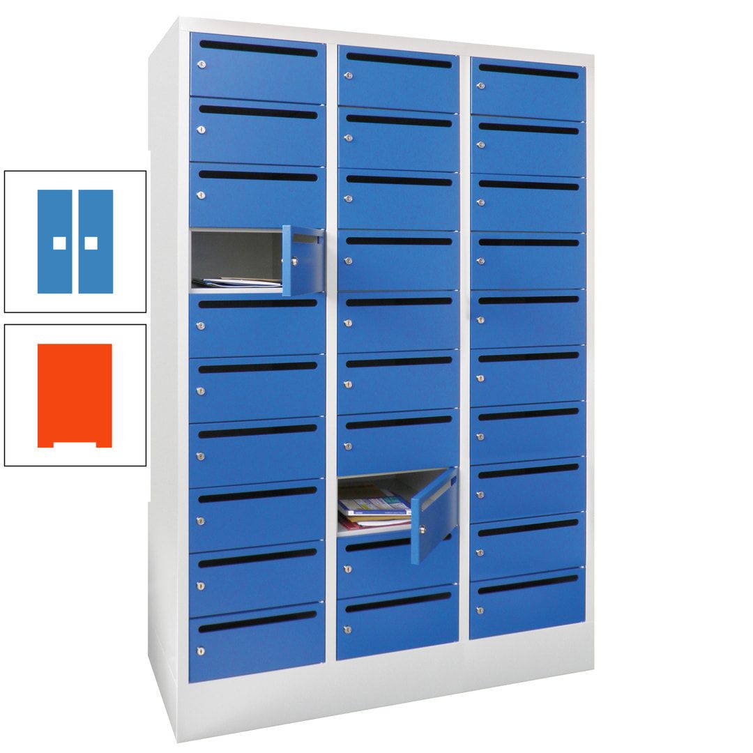 Postverteilerschrank, Schließfachschrank, 3 Abteile a 300 mm, 30 Fächer, 1.850 x 900 x 500 mm (HxBxT), Korpus anthrazitgrau, Front anthrazitgrau