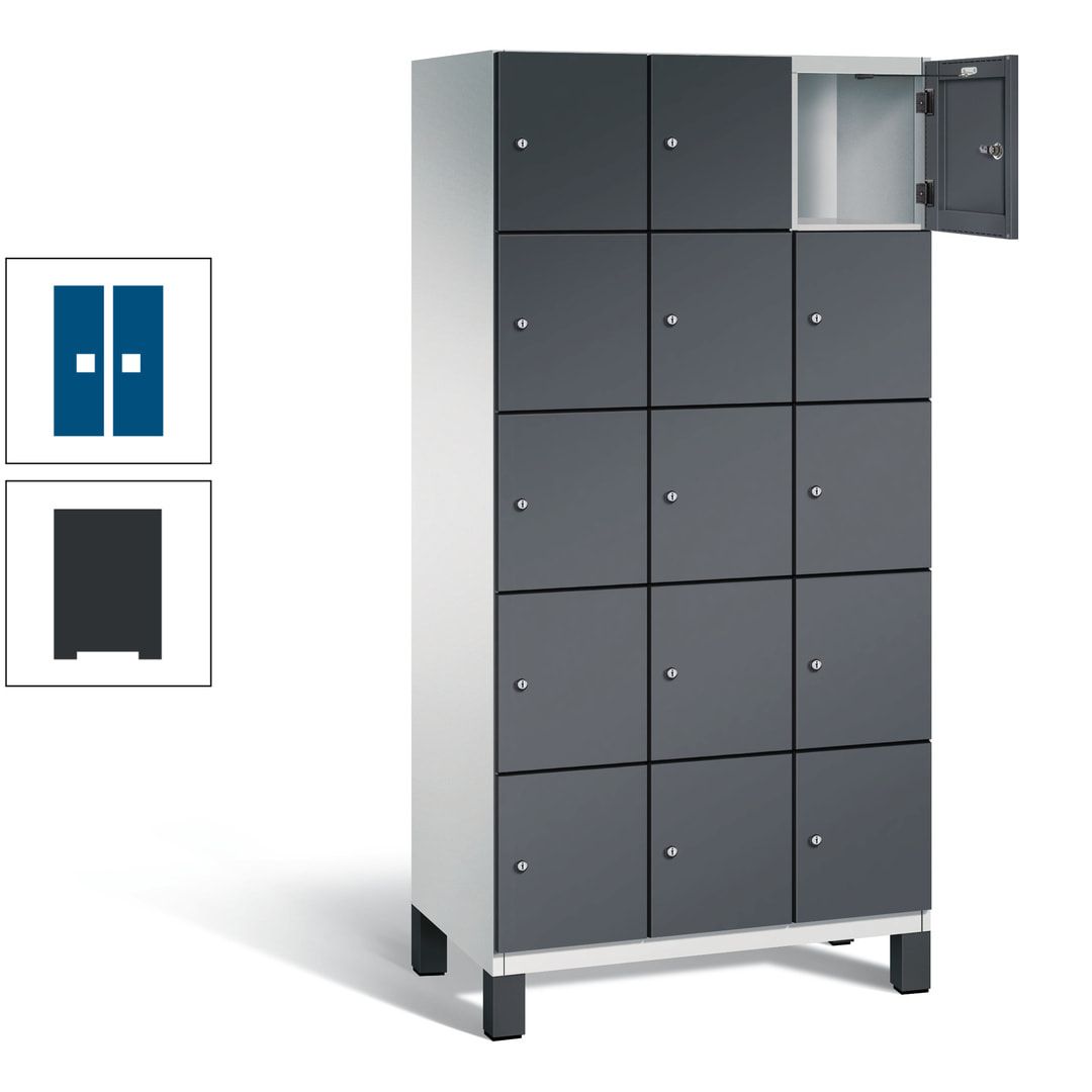 Fächerschrank, Stahlschrank, 15 Fächer, Türöffnungsbegrenzer, Füße, 1.980 x 900 x 525 mm (HxBxT), Korpus anthrazitgrau, Front anthrazitgrau