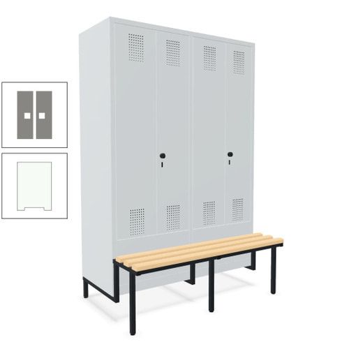 Doppel-Spind, Garderobenschrank, Buche Sitzbank integriert, 4 Abteile 300 mm, Korpus anthrazitgrau, Tür anthrazitgrau, 1.850 x 1.200 x 815 mm (HxBxT)