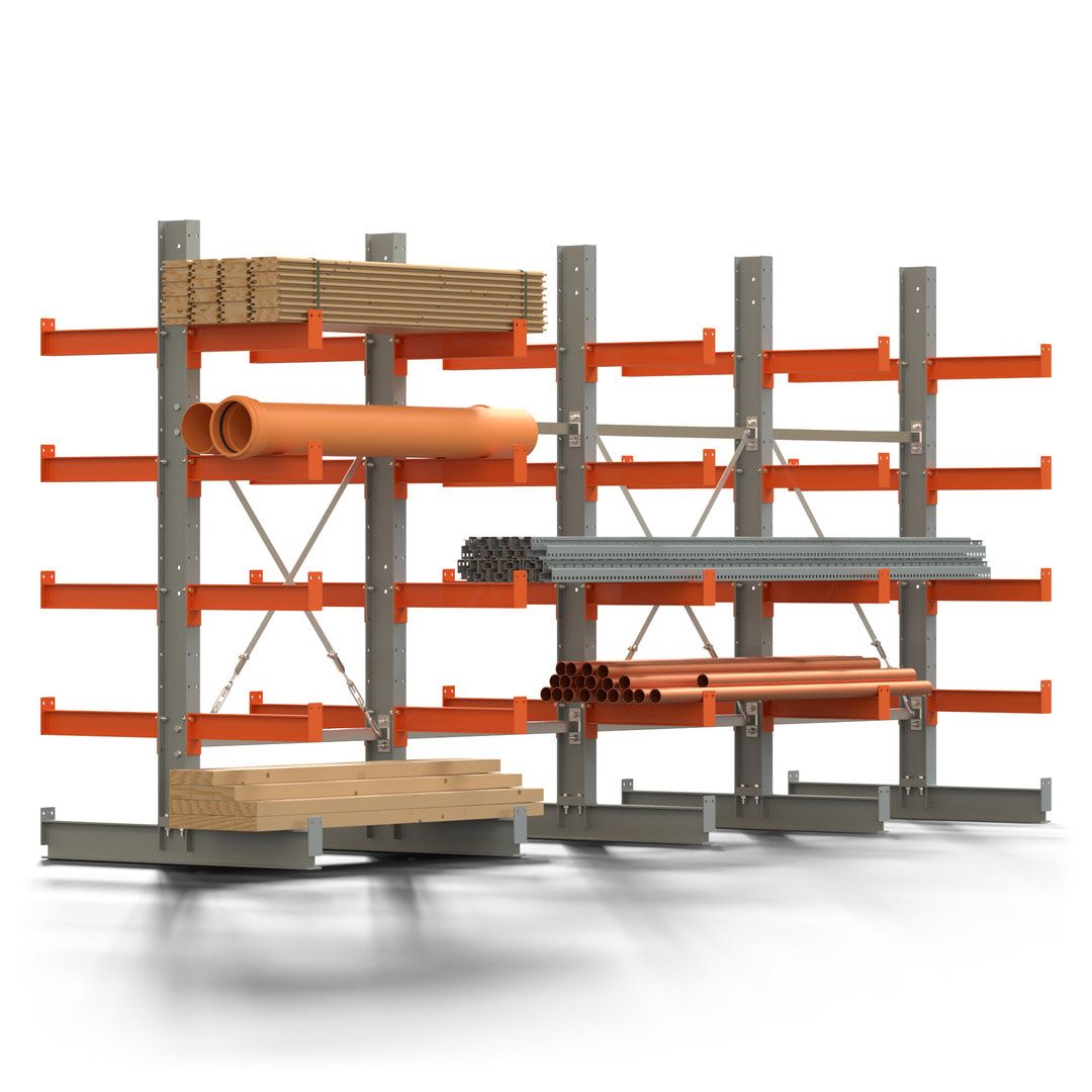 Doppelseitiges Kragarmregal, 2 Felder, 2.000 x 2.000 x 1.120 mm (HxBxT), Nutztiefe 500 mm, Kragarmlast 870 kg, KARL basic, silbergrau/reinorange