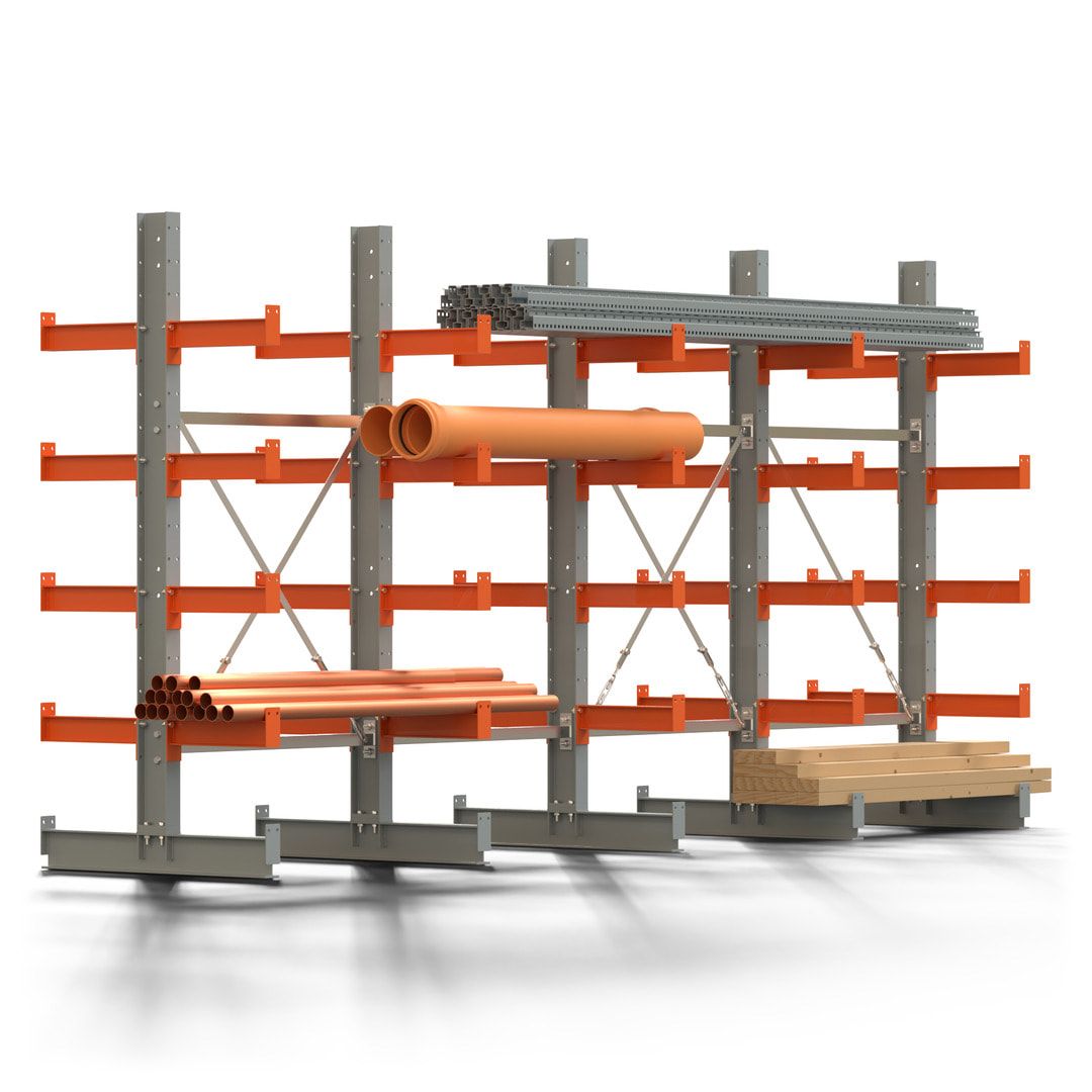 Doppelseitiges Kragarmregal, 2 Felder, 2.000 x 2.000 x 1.120 mm (HxBxT), Nutztiefe 500 mm, Kragarmlast 870 kg, KARL basic, silbergrau/reinorange
