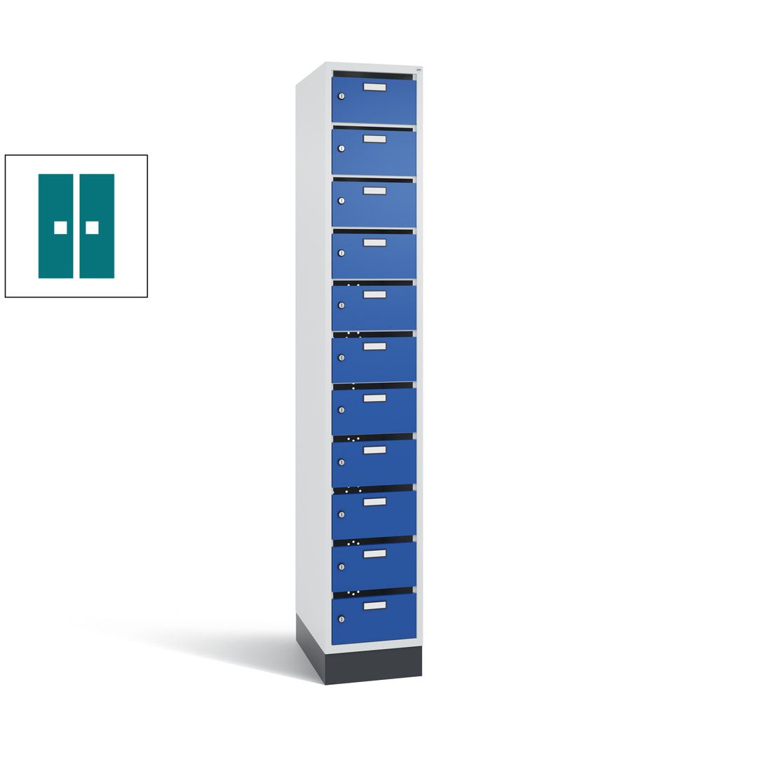 Postverteilerschrank, Schließfachschrank, mit Sockel, 11 Fächer, 1.950 x 320 x 500 mm (HxBxT), Korpus lichtgrau, Tür anthrazitgrau