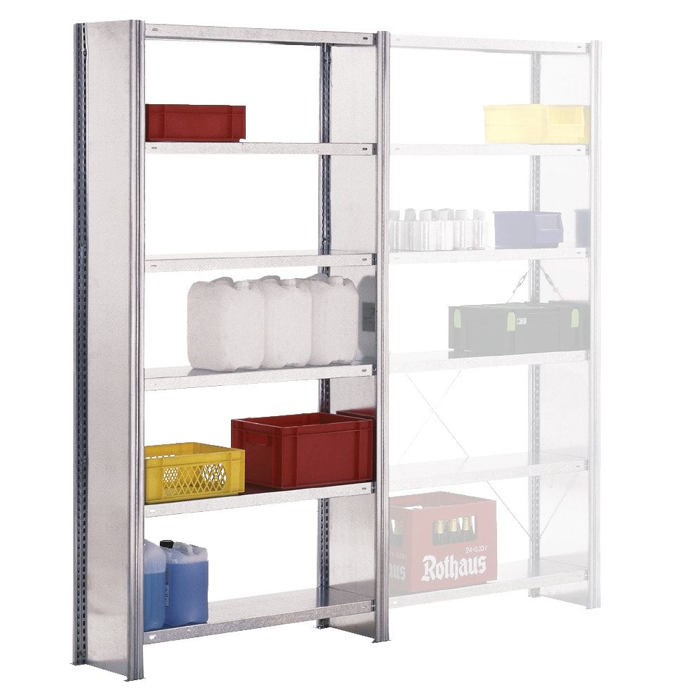 Fachbodenregal mit Seitenwand - 350 kg - 2.000 x 1.005 x 600 mm (HxBxT) - Anbauregal - 5 Böden - verzinkt - Lagerregal - Steckregal - BERT