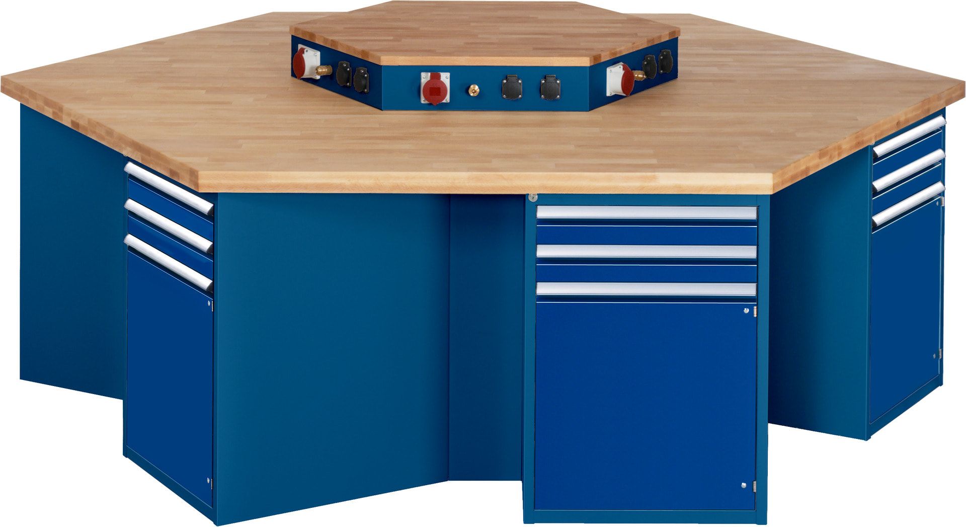 Gruppenwerkbank, Buche, Höhe 840 mm, mit Energieaufsatz, Unterbau-Container, 2 Schubladen, 1 Tür, 1 Boden - Anthrazitgrau