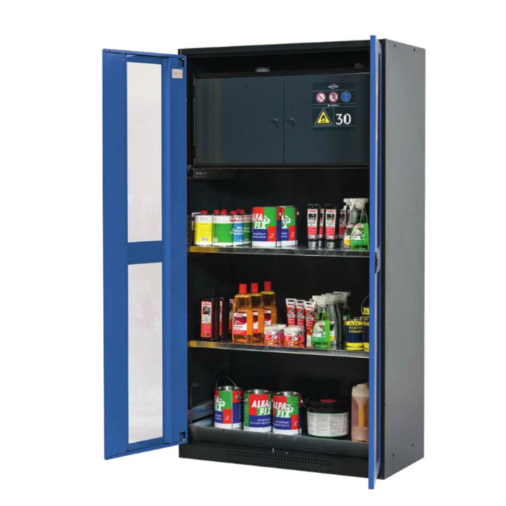 Chemikalienschrank - Sicherheitsbox - Flügeltüren, goldgelb - 2 Fachböden - Lochblecheinsatz - 1.950 x 1.055 x 520 mm - Stahl, pulverbeschichtet