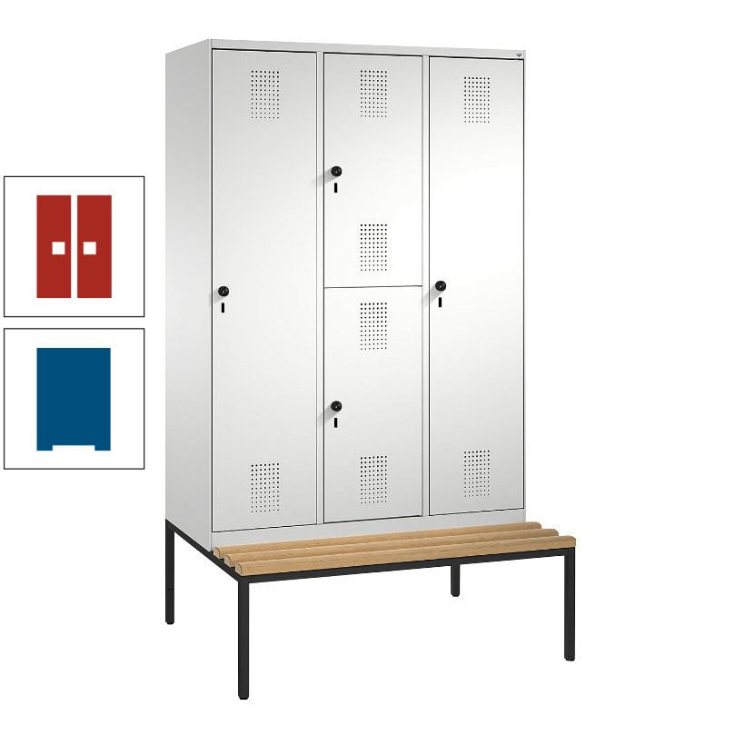 Garderobenschrank, Spind ein- und doppelstöckig Sitzbank, 3 Abteile, 4 Fächer, 2.090x1.200x500 mm (HxBxT), Front anthrazitgrau, Korpus anthrazitgrau