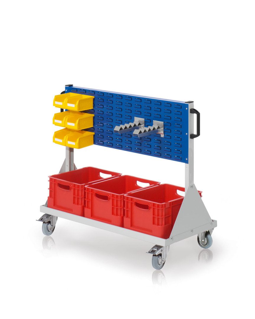 Mobiler Rollwagen, 2 Schlitzplatten, 6 Sichtlagerkästen, 3 Transportbehälter, Wellenträger, 890 x 1.000 x 500 mm (HxBxT), Anthrazitgrau (RAL 7016)