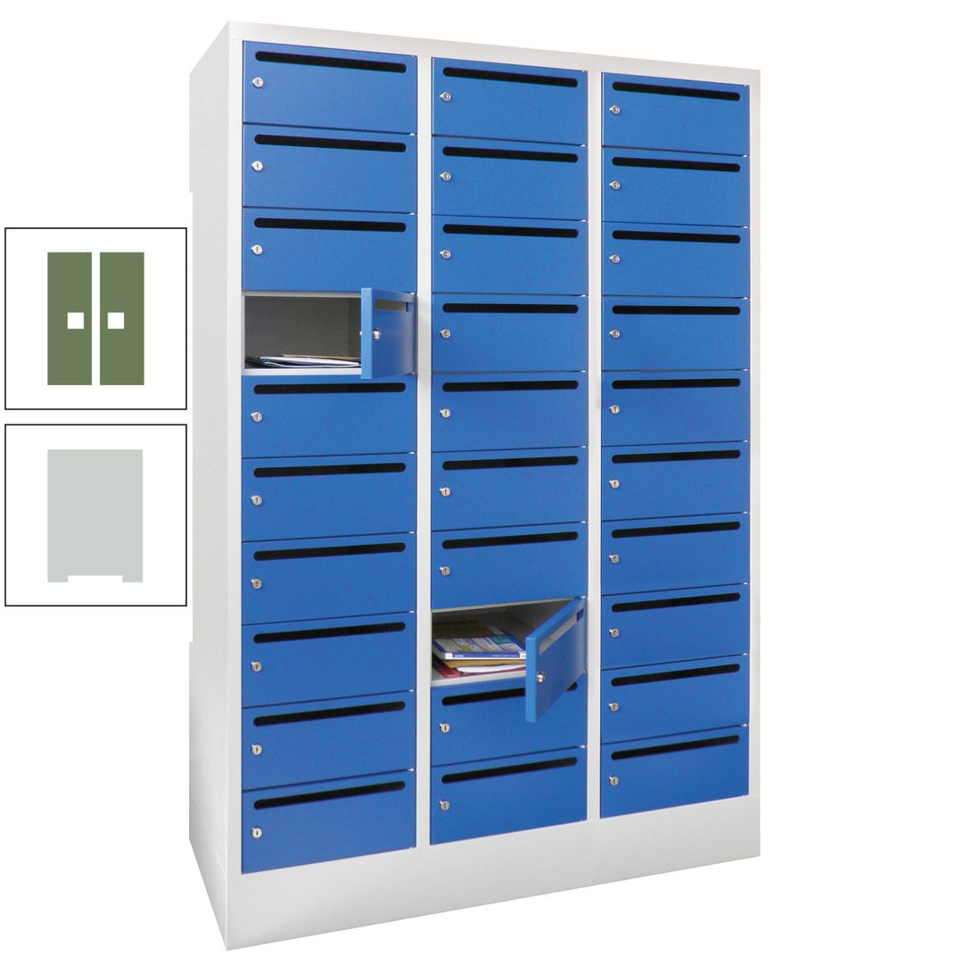 Postverteilerschrank, Schließfachschrank, 3 Abteile a 300 mm, 30 Fächer, 1.850 x 900 x 500 mm (HxBxT), Korpus anthrazitgrau, Front anthrazitgrau