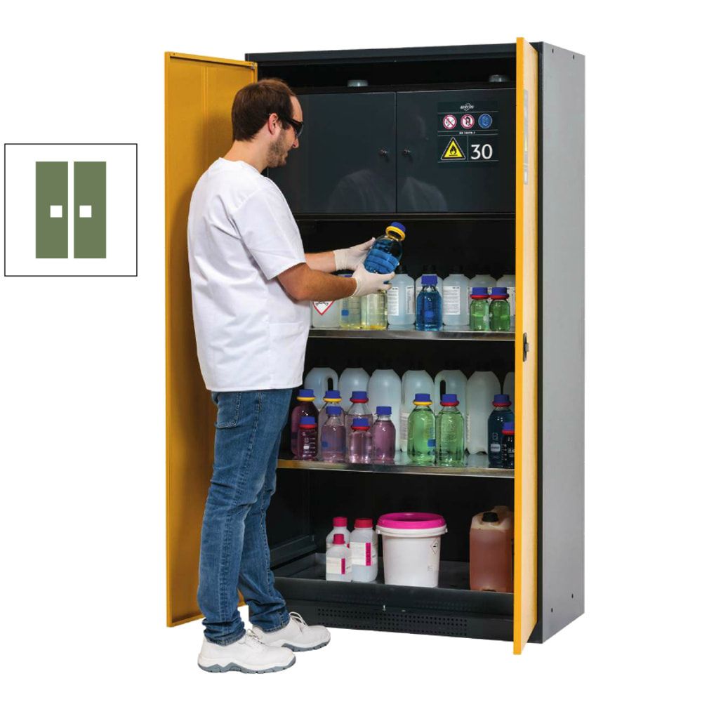 Chemikalienschrank - Sicherheitsbox - Flügeltüren, goldgelb - 2 Fachböden - Lochblecheinsatz - 1.950 x 1.055 x 520 mm - Stahl, pulverbeschichtet