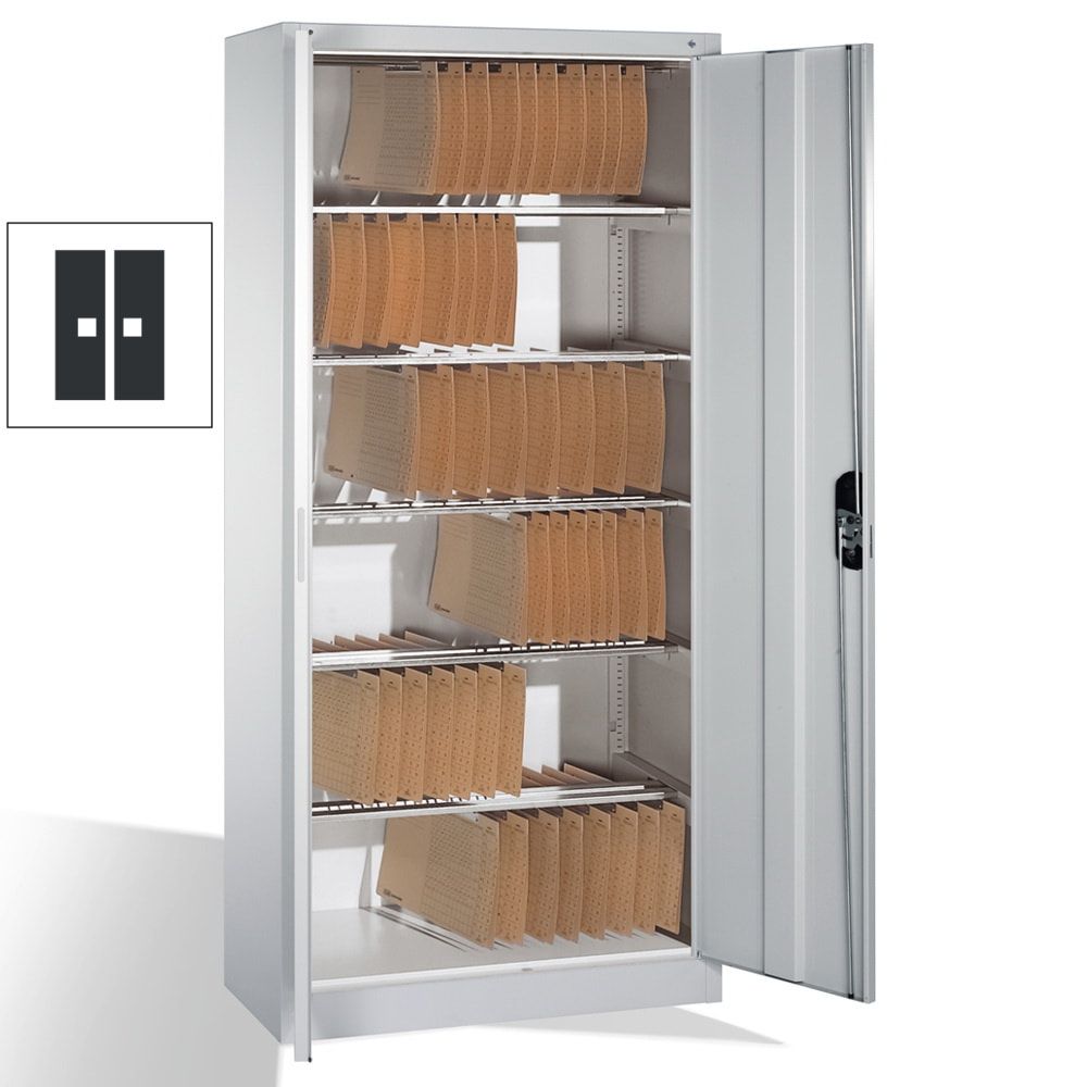 Büroschrank, Aktenschrank mit 6 Pendelstangen, für Elba/Leitz Pendelmappen, Korpusfarbe lichtgrau, Türfarbe enzianblau, 1.950 x 930 x 400 mm (HxBxT)