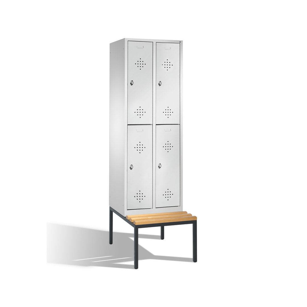 Garderobenschrank, Spind, 2 Abteile, 4 Fächer, 2.090 x 610 x 815 mm (HxBxT), Hartholz Sitzbank untergebaut, Korpus weißaluminium, Türen anthrazitgrau