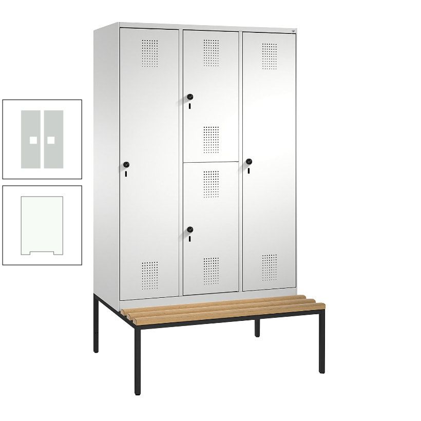 Garderobenschrank, Spind ein- und doppelstöckig Sitzbank, 3 Abteile, 4 Fächer, 2.090x1.200x500 mm (HxBxT), Front anthrazitgrau, Korpus anthrazitgrau