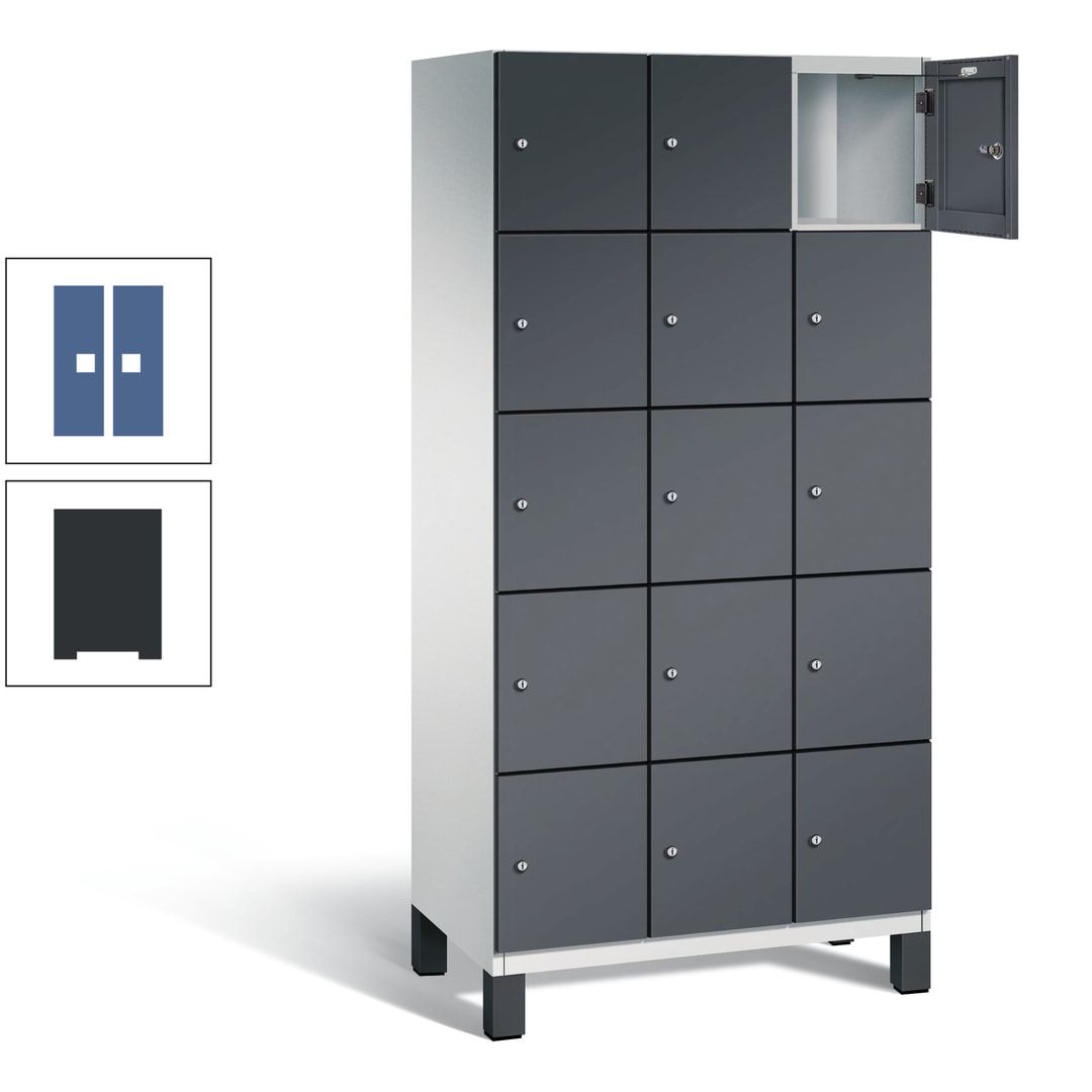 Fächerschrank, Stahlschrank, 15 Fächer, Türöffnungsbegrenzer, Füße, 1.980 x 900 x 525 mm (HxBxT), Korpus anthrazitgrau, Front anthrazitgrau