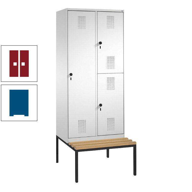 Garderobenschrank, Spind ein- und doppelstöckig Sitzbank, 2 Abteile, 3 Fächer, 2.090 x 800 x 500 mm (HxBxT), Front anthrazitgrau, Korpus anthrazitgrau
