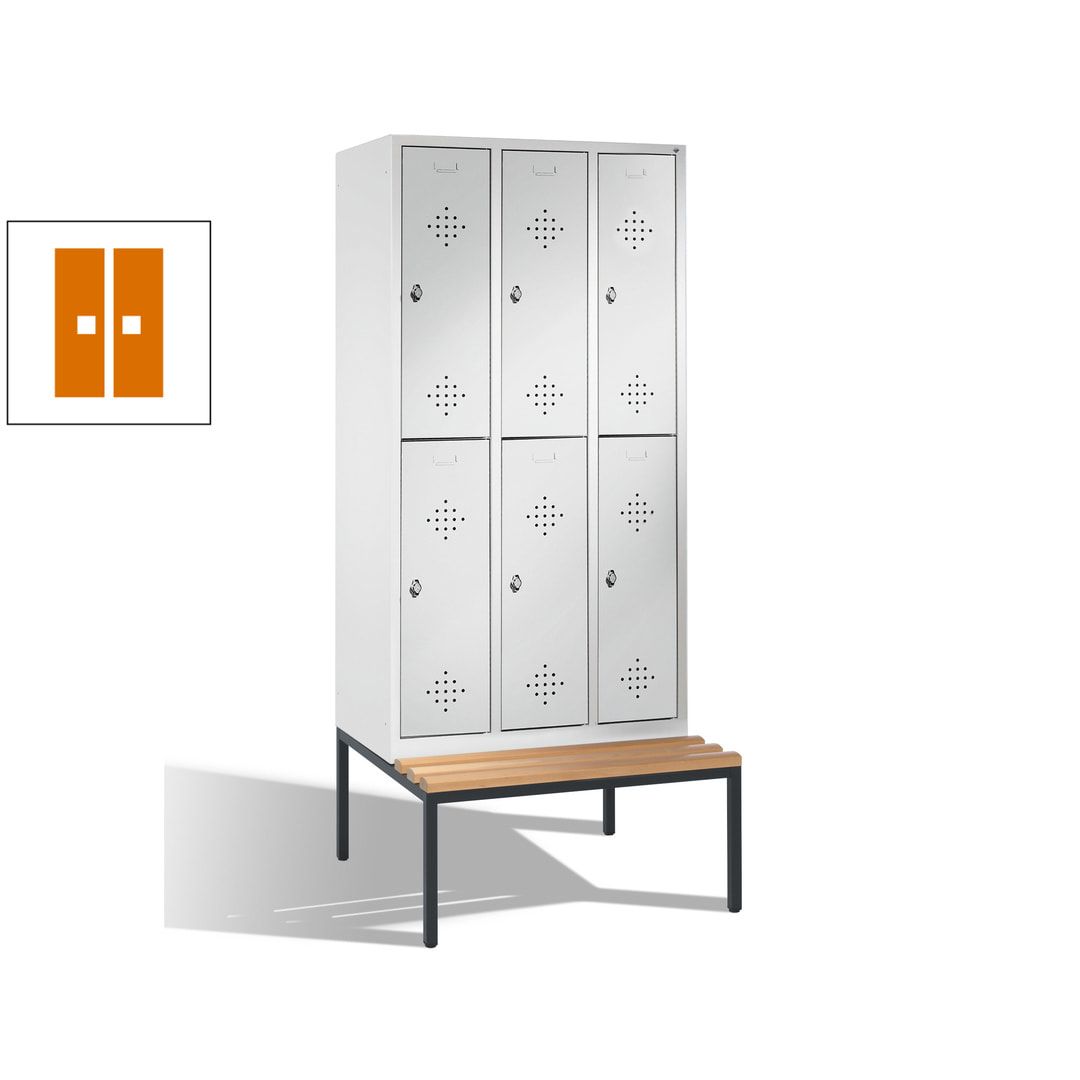 Garderobenschrank, Spind, 3 Abteile 6 Fächer, 2.090 x 1.200 x 815 mm (HxBxT), Hartholz Sitzbank untergebaut, Korpus anthrazitgrau, Türen anthrazitgrau