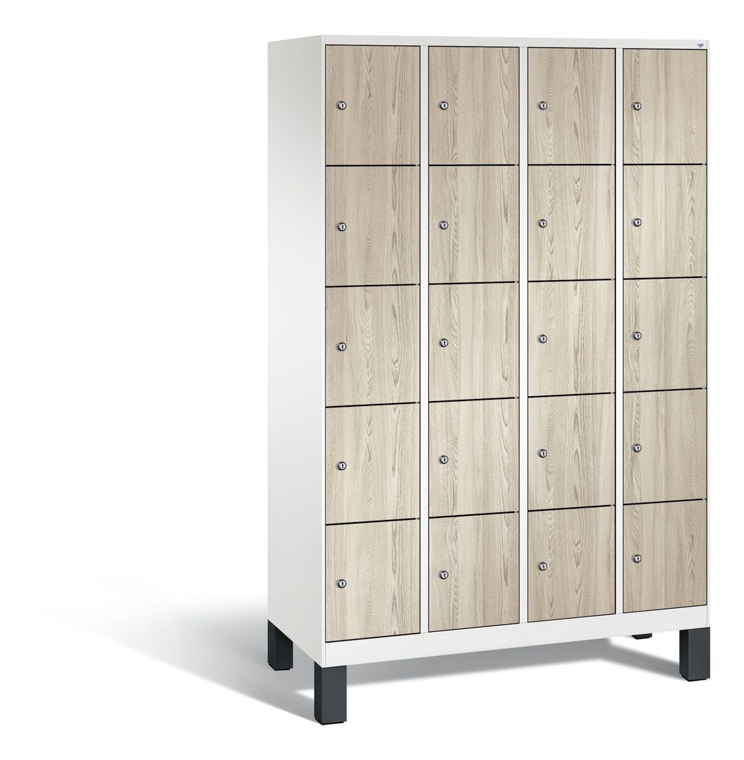 Garderobenschrank, Spindschrank auf Füßen, 4 Abteile, 20 Fächer, 1.850 x 1.200 x 500 mm (HxBxT), Dekorfront HPL Donau-Ahorn, Korpus anthrazitgrau
