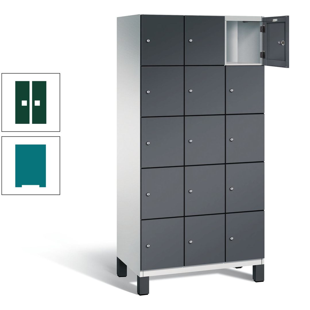 Fächerschrank, Stahlschrank, 15 Fächer, Türöffnungsbegrenzer, Füße, 1.980 x 900 x 525 mm (HxBxT), Korpus anthrazitgrau, Front anthrazitgrau