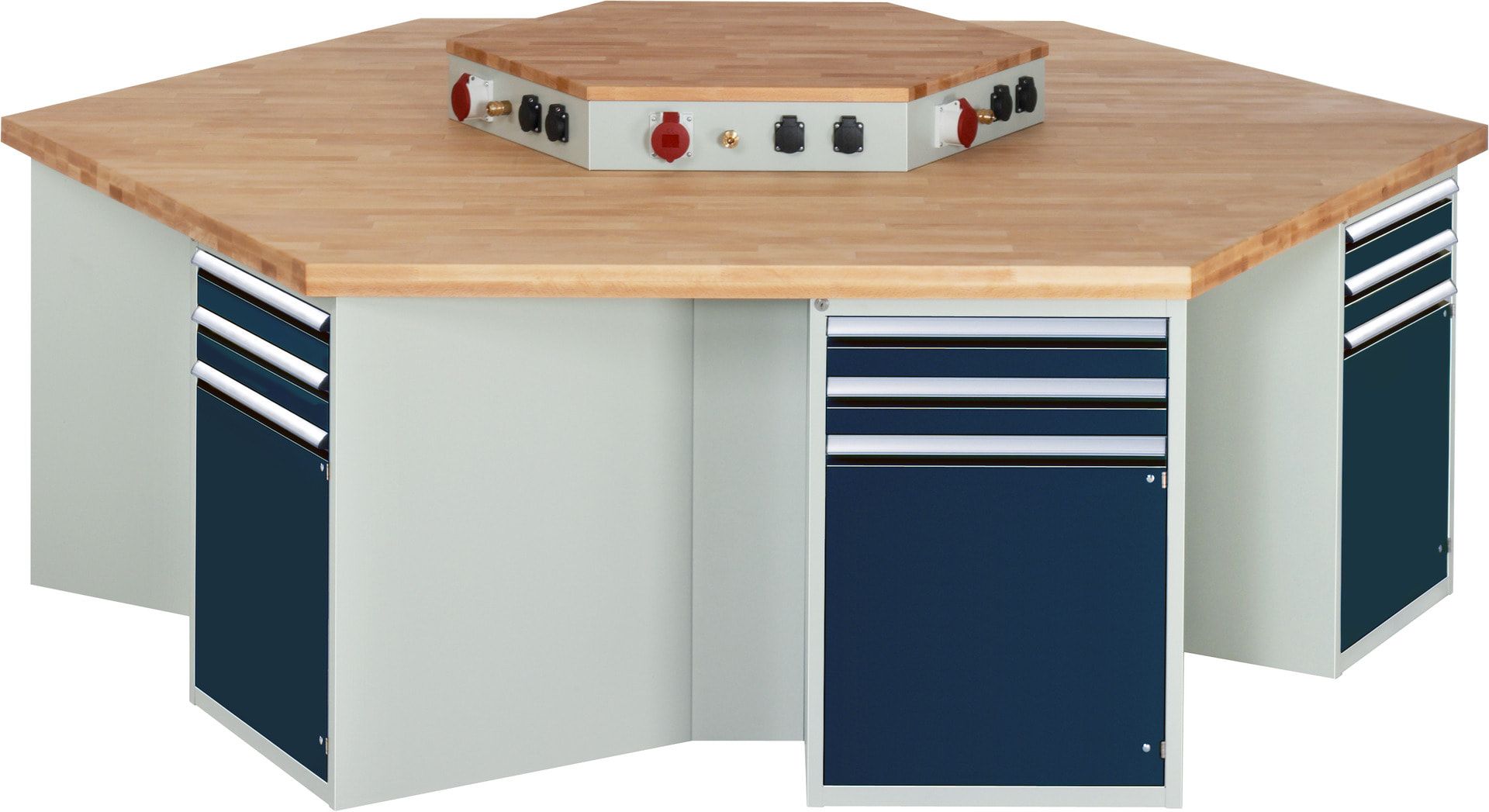 Gruppenwerkbank, Buche, Höhe 840 mm, mit Energieaufsatz, Unterbau-Container, 2 Schubladen, 1 Tür, 1 Boden - Anthrazitgrau