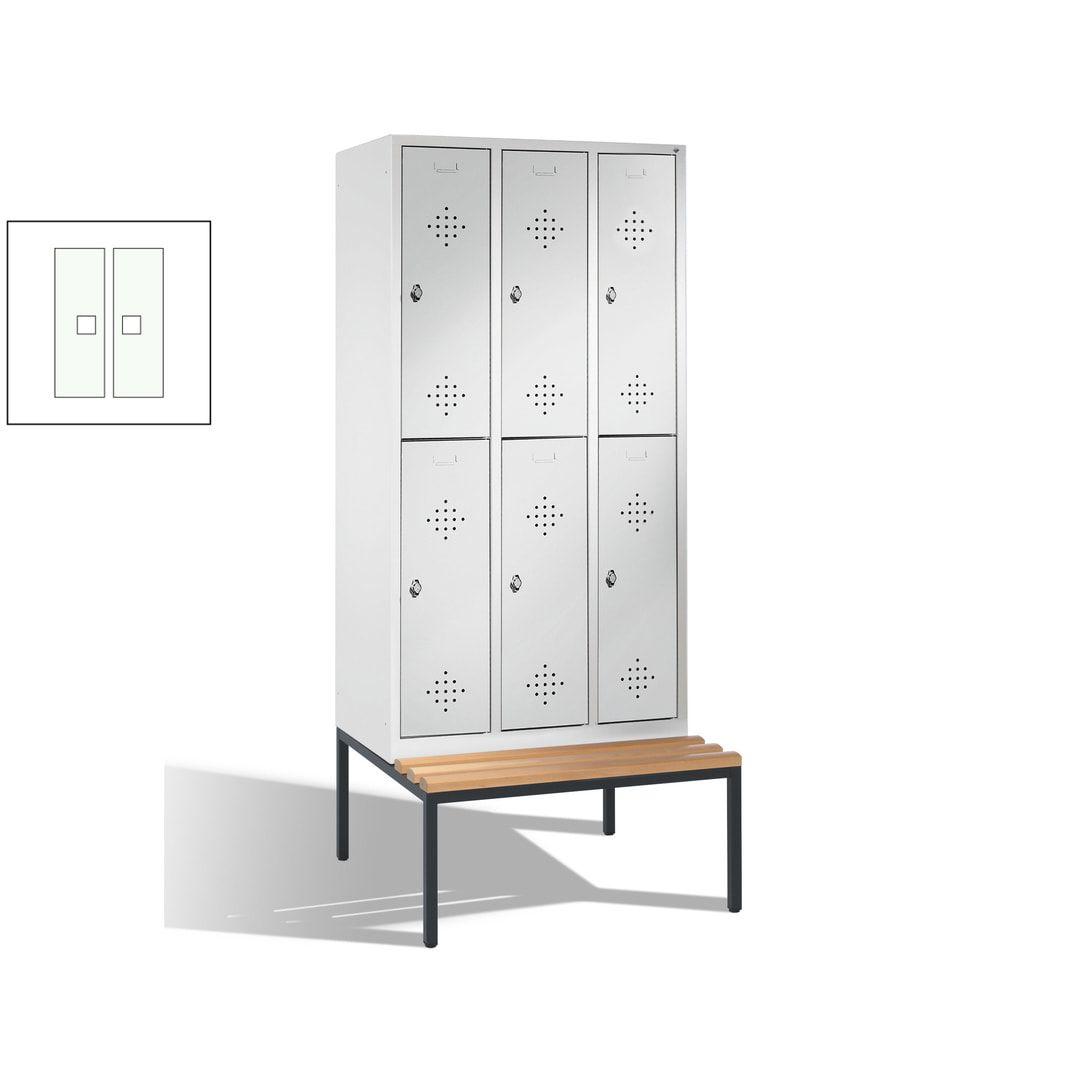 Garderobenschrank, Spind, 3 Abteile 6 Fächer, 2.090 x 1.200 x 815 mm (HxBxT), Hartholz Sitzbank untergebaut, Korpus anthrazitgrau, Türen anthrazitgrau
