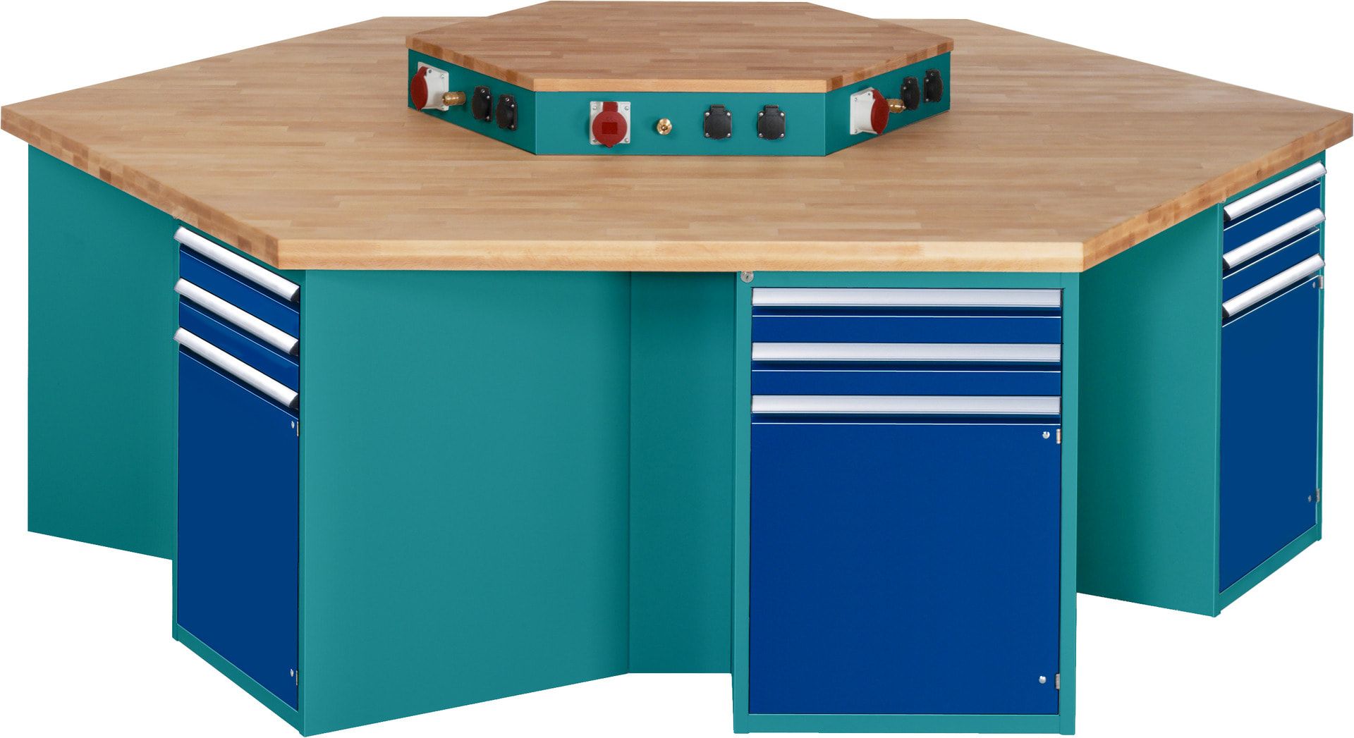 Gruppenwerkbank, Buche, Höhe 840 mm, mit Energieaufsatz, Unterbau-Container, 2 Schubladen, 1 Tür, 1 Boden - Anthrazitgrau