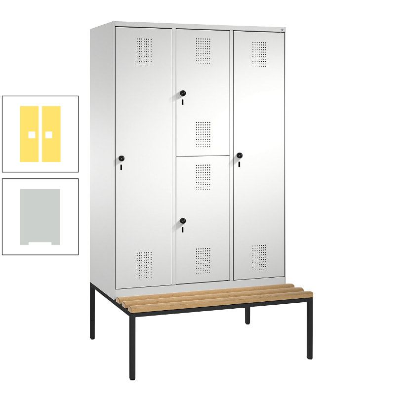 Garderobenschrank, Spind ein- und doppelstöckig Sitzbank, 3 Abteile, 4 Fächer, 2.090x1.200x500 mm (HxBxT), Front anthrazitgrau, Korpus anthrazitgrau