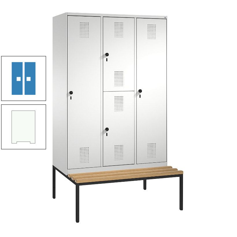 Garderobenschrank, Spind ein- und doppelstöckig Sitzbank, 3 Abteile, 4 Fächer, 2.090x1.200x500 mm (HxBxT), Front anthrazitgrau, Korpus anthrazitgrau