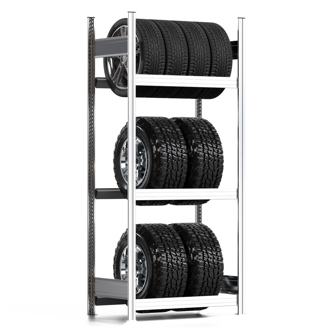 Reifenregal mit Tiefenriegel - 250 kg - 2.000 x 875 x 500 mm (HxBxT) - 3 Ebenen - Anbauregal - Steckregal BERT