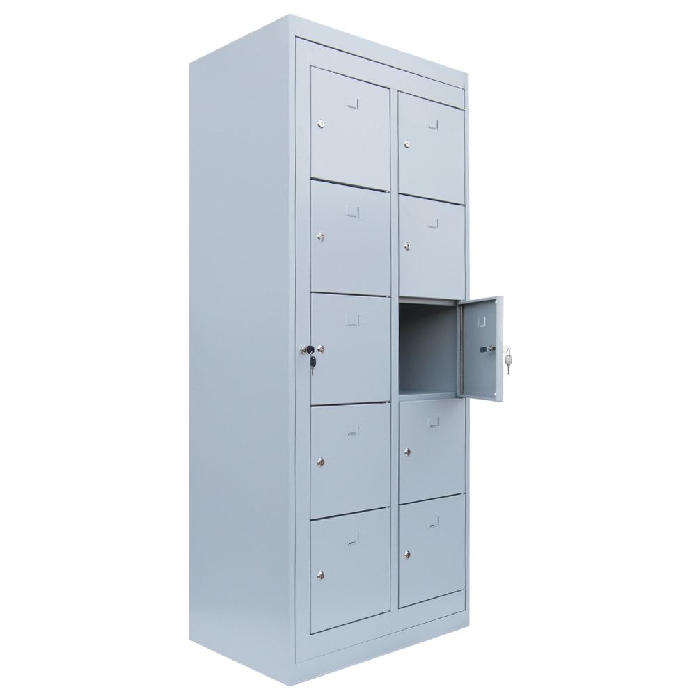 Verteilerschrank, Ausgabeschrank, Fächerschrank, Zentraltür, 2 Abteile, 10 Fächer, 1.800 x 740 x 500 mm (HxBxT), Korpus lichtgrau, Front enzianblau