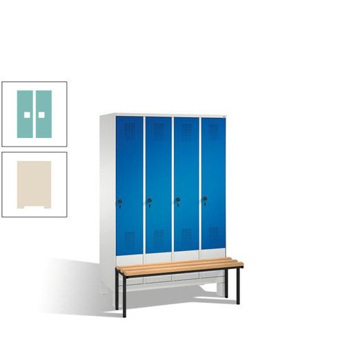 Stahl-Garderobenschrank, Spind, Buche Sitzbank vorgebaut, 4 Abteile a 300 mm, Korpus Lichtgrün, Tür Schwefelgelb, 1.850 x 1.200 x 815 mm (HxBxT)