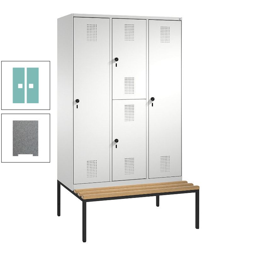 Garderobenschrank, Spind ein- und doppelstöckig Sitzbank, 3 Abteile, 4 Fächer, 2.090x1.200x500 mm (HxBxT), Front anthrazitgrau, Korpus anthrazitgrau