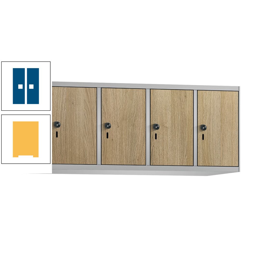 Aufsatzschrank, Schrankaufsatz, 4 Fächer a 300 mm, Farbe Pastellgelb, Tür anthrazitgrau, 500 x 1.200 x 500 mm (HxBxT)