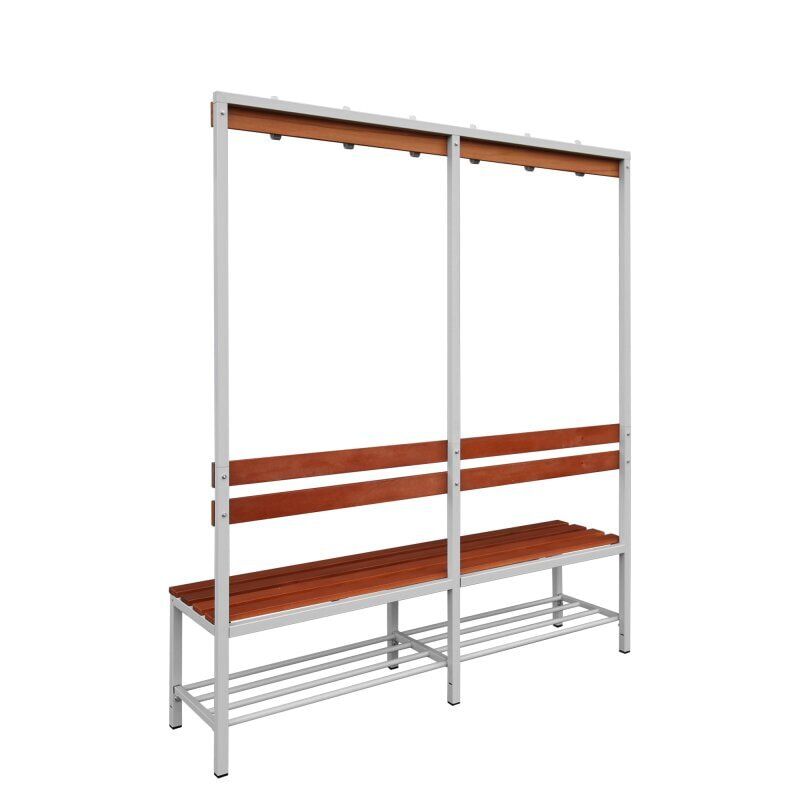 Umkleidebank, Umkleide-Sitzbank, Schuhrost, Haken, Breite 1.200 mm, Sitzhöhe 400 mm, Stahl mit Holzleisten, Gestell: lichtgrau, Sitzleisten: Buche