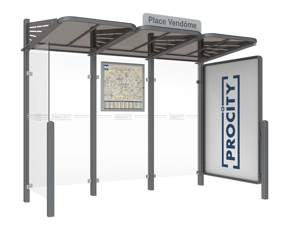 Buswartehalle - Unterstand - modular - Fahrplankasten - Haltestellenschild - Seitenwand - Schaukasten - 2.200 x 3.000 x 1.500 mm (HxBxT) - enzianblau