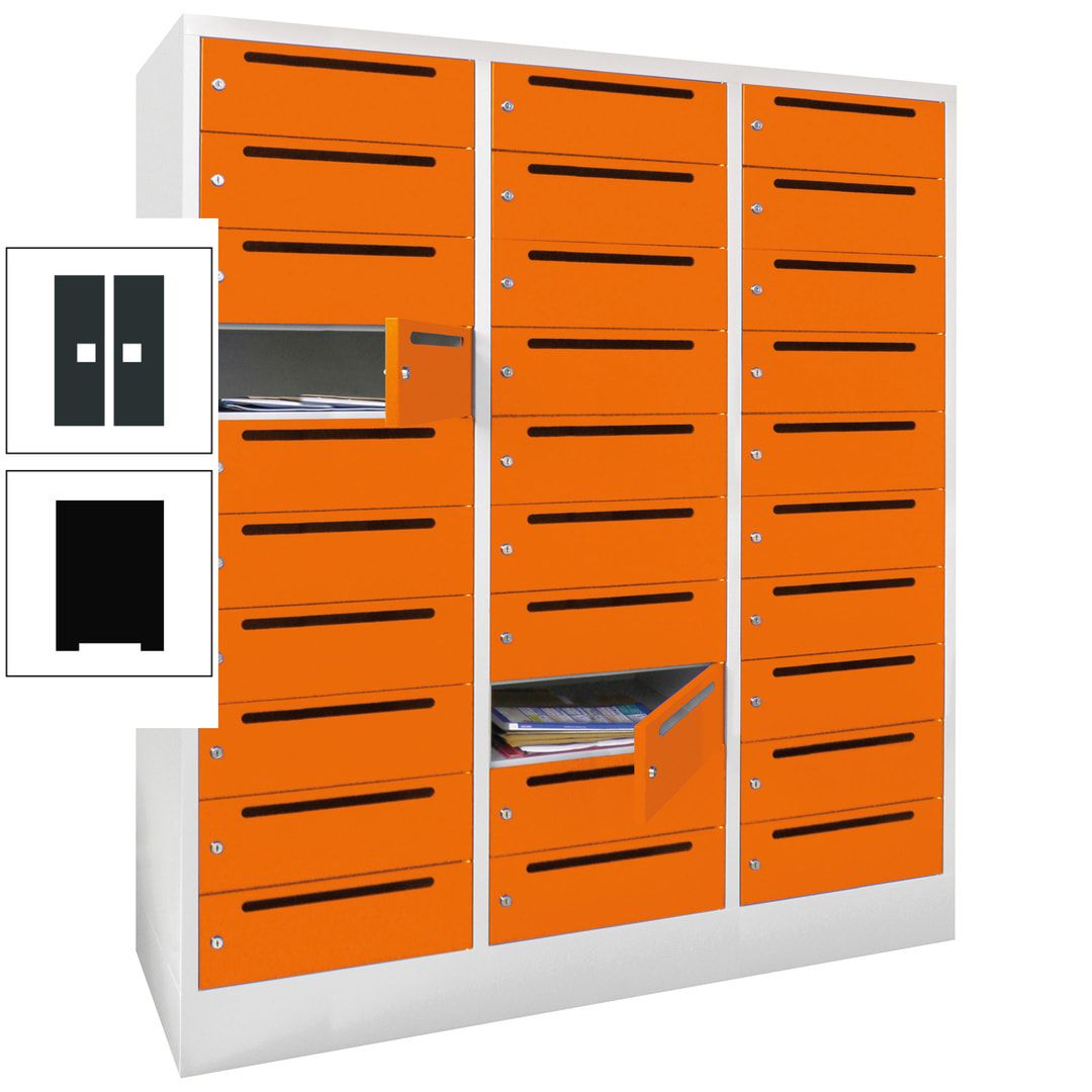 Postverteilerschrank, Schließfachschrank, 3 Abteile a 40 cm, 30 Fächer, 1.850 x 1.200 x 500 mm (HxBxT), Korpus anthrazitgrau, Front anthrazitgrau