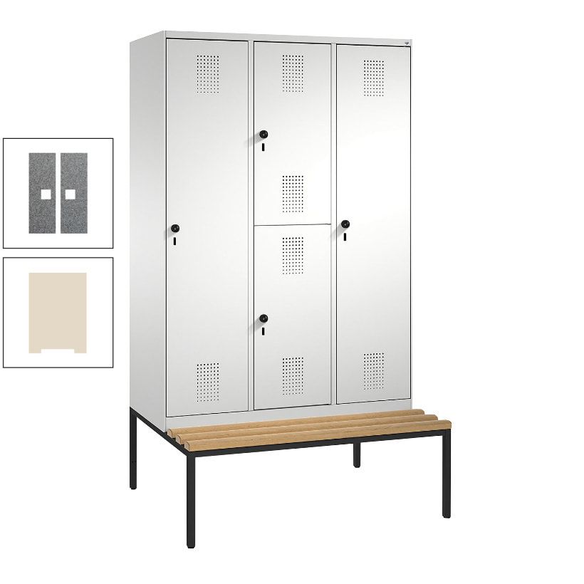 Garderobenschrank, Spind ein- und doppelstöckig Sitzbank, 3 Abteile, 4 Fächer, 2.090x1.200x500 mm (HxBxT), Front anthrazitgrau, Korpus anthrazitgrau
