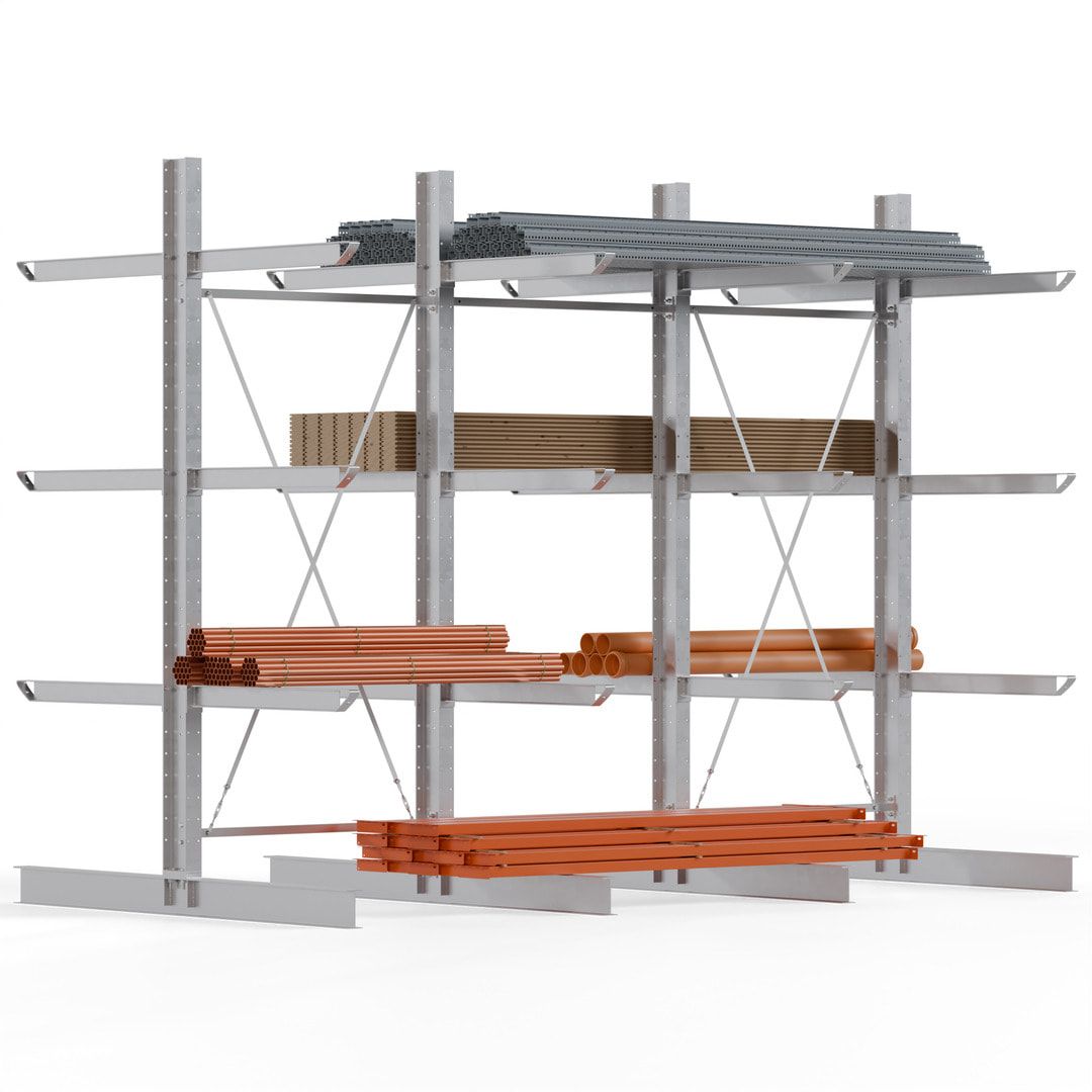 Doppelseitiges Kragarmregal feuerverzinkt, Schwerlastregal für außen - 2 Felder - 3.500 x 3.000 x 2.580 mm (HxBxT) - 800 kg - KARL heavy