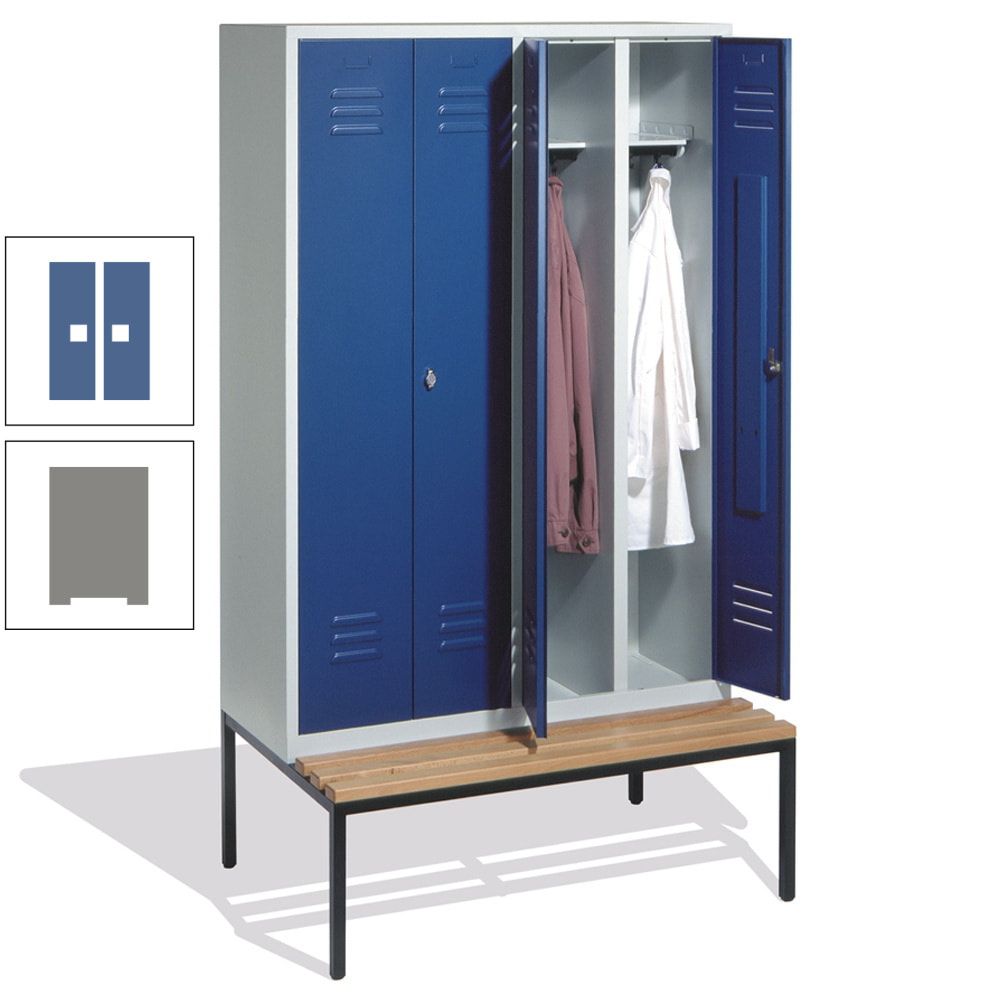 Doppel-Spindschrank, Buche Sitzbank untergebaut, 4 Abteile a 300 mm, Korpus lichtgrau, Tür anthrazitgrau, 2.090 x 1.190 x 815 mm (HxBxT)