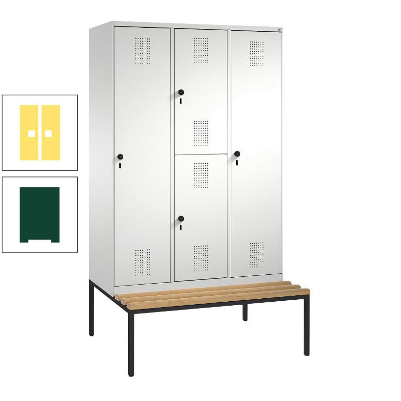 Garderobenschrank, Spind ein- und doppelstöckig Sitzbank, 3 Abteile, 4 Fächer, 2.090x1.200x500 mm (HxBxT), Front anthrazitgrau, Korpus anthrazitgrau
