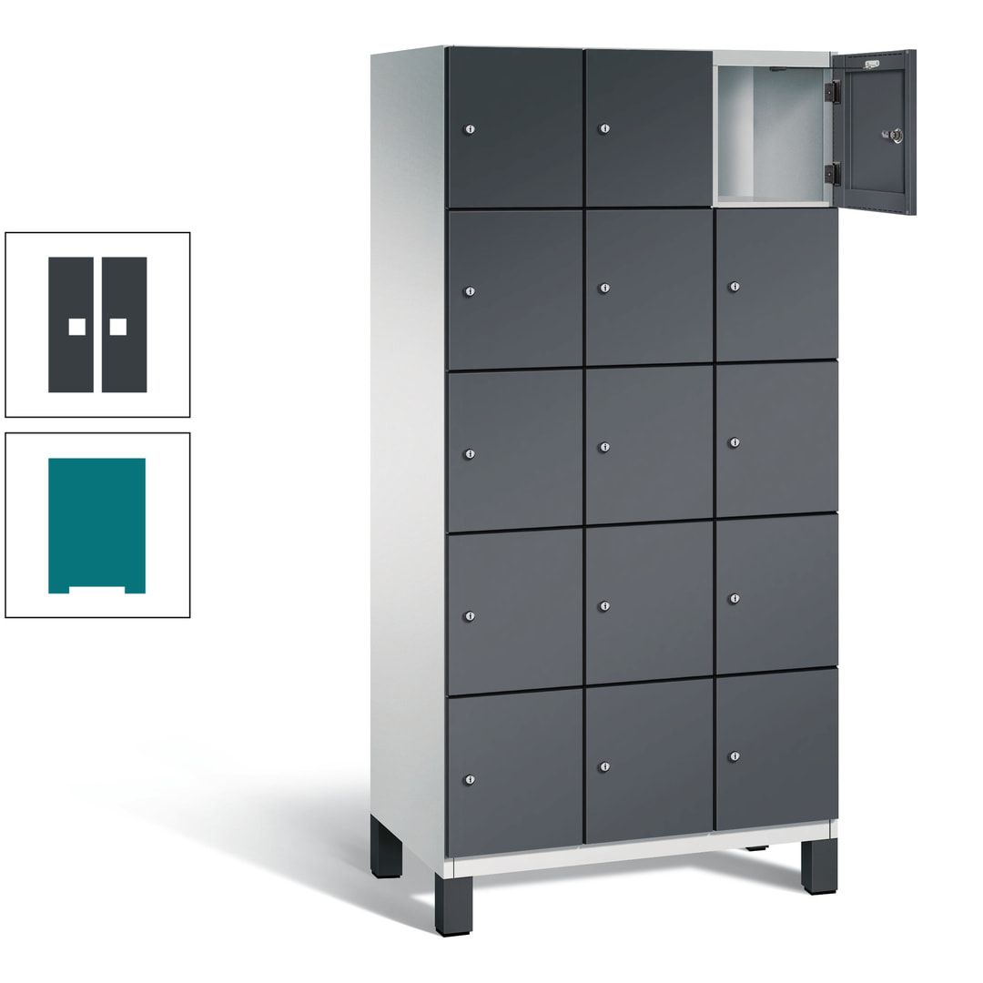 Fächerschrank, Stahlschrank, 15 Fächer, Türöffnungsbegrenzer, Füße, 1.980 x 900 x 525 mm (HxBxT), Korpus anthrazitgrau, Front anthrazitgrau