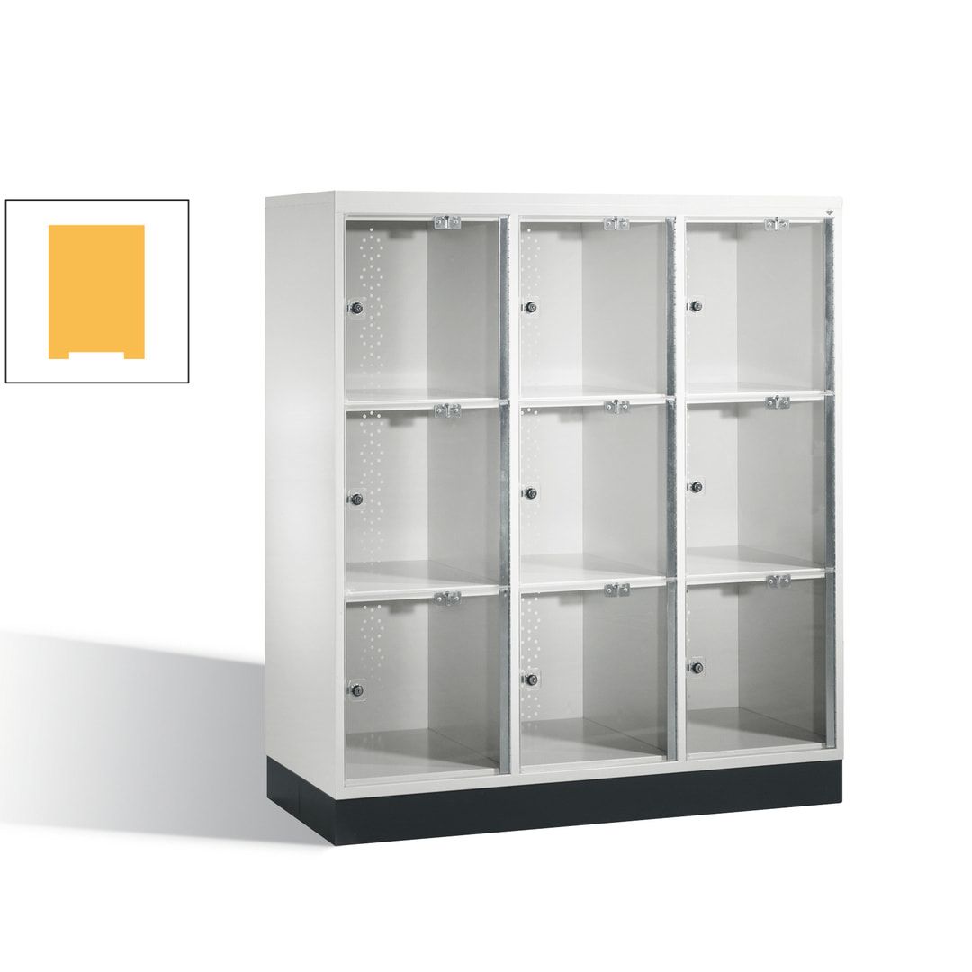 Schließfachschrank, Fächerschrank mit Türen aus Acrylglas, 3 Abteile, 9 Fächer, Zylinderschloss, 1.370 x 1.220 x 500 mm (HxBxT), Korpus anthrazitgrau