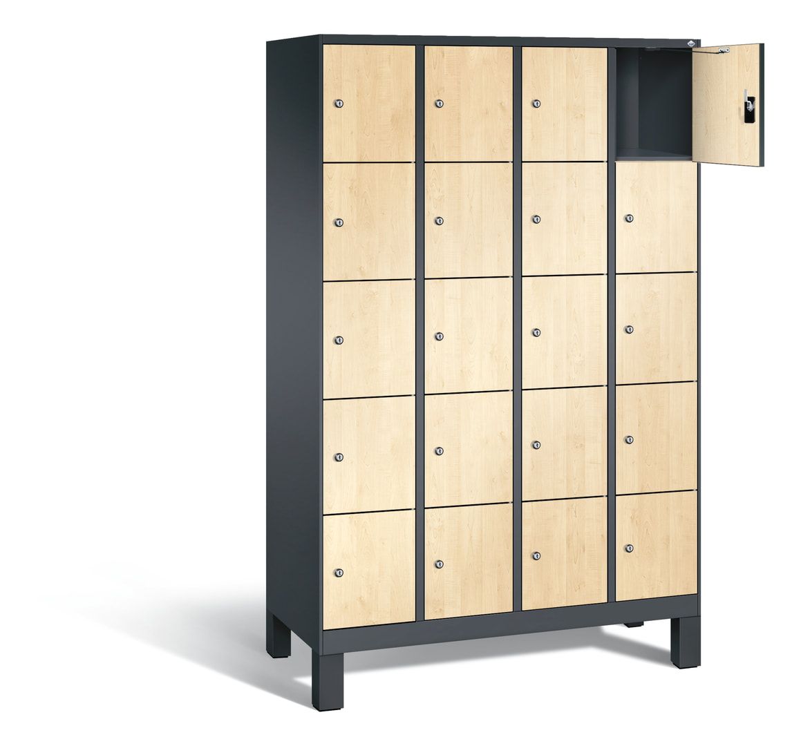 Garderobenschrank, Spindschrank auf Füßen, 4 Abteile, 20 Fächer, 1.850 x 1.200 x 500 mm (HxBxT), Dekorfront HPL Donau-Ahorn, Korpus anthrazitgrau