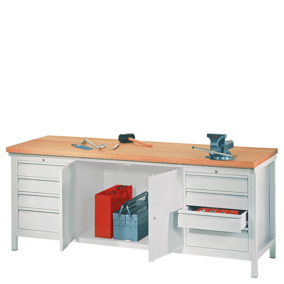 Werkbank mit Schubladenblöcken und Schrank - Traglast 1.400 kg - 900 x 2.000 x 700 (HxBxT) - anthrazitgrau