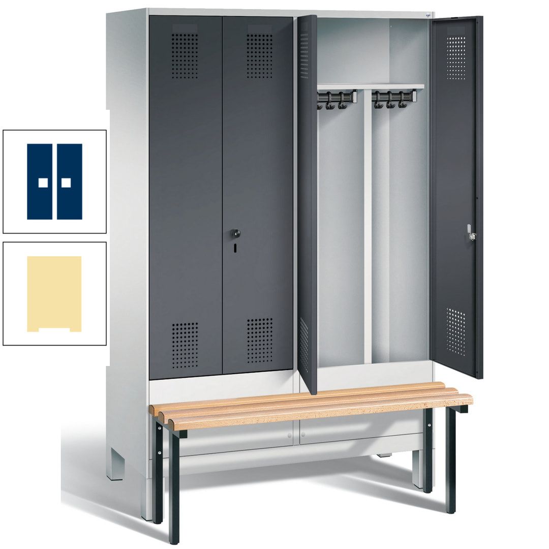 Doppel-Spind, Garderobenschrank, Buche Sitzbank vorgebaut, 4 Abteile a 300 mm, Korpus feuerrot, Tür Wasserblau, 1.850 x 1.200 x 815 mm (HxBxT)